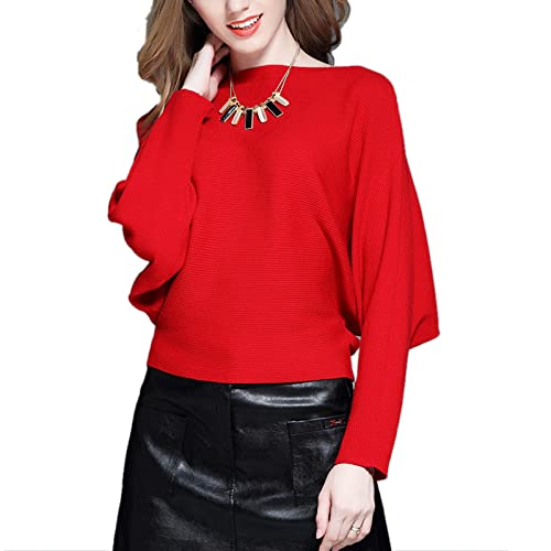Image of Blostirno Women's Boat Neck Batwing Sleeves Dolman Ribbed Knitted Sweaters Pullovers Tops