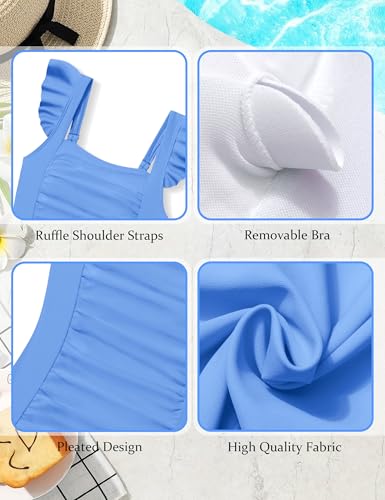 Image of Girls Swimsuit Ruffle Solid One Piece Bathing Suits 7-18 Years | Teen Bathing Suits for Girls Ruched Sleeveless Girls' Swimwear