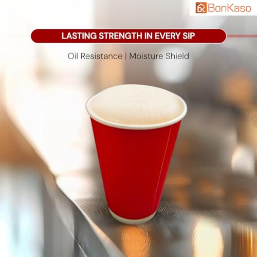 Image of BonKaso 480ml Double Wall Disposable Beer Glasses | Premium Ripple Cups for Hot & Cold Beverages | Leak-Resistant Insulated Paper Cups for Events, Cafes, Parties - Red - Pack of 25
