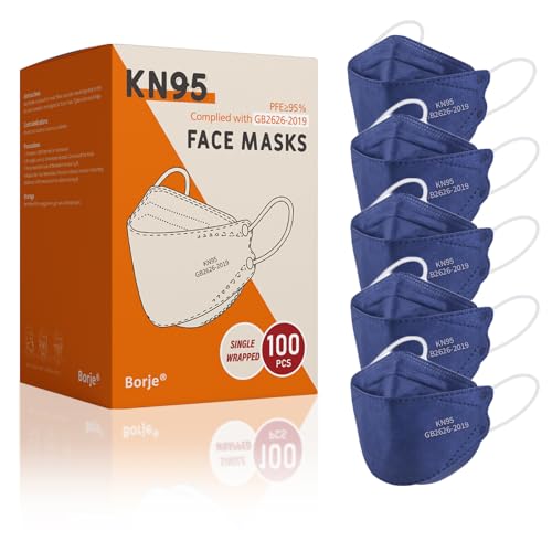 Image of Borje KN95 Face Masks, 100 Pcs Disposable Face Masks, Navy Blue Mask Against PM2.5 from Fire Smoke & Dust Filter Efficiency 95%