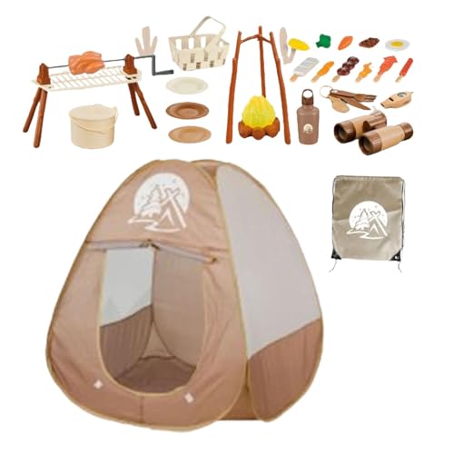 Almencla 34点セット キッズテント キャンプテント 折りたたみ式 キャンプセット おもちゃ キャンプごっこ 調理器具 男の子 女の子 知育玩具 おままごと 知育玩具 キャンプごっこ コンパクト 室外・室内遊具 子供てんとキャンプ 子供 遊び プレ