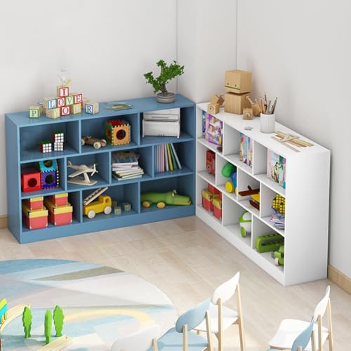 Image of IOTXY Open Shelf Low Bookcase - Wooden 3-Tier Cube Bookshelf, Bright Blue