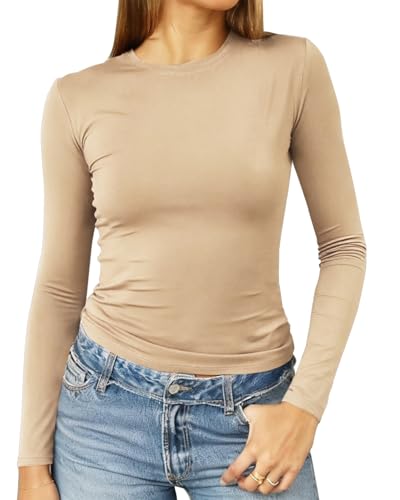 Image of Abardsion Women's Slim Lightweigh Long Sleeve T Shirts | Fall Clothes 2026 Casual Basic Crewneck Going Out Crop Tops Y2K
