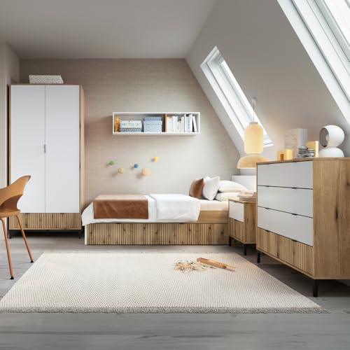 Lomadox Jugendzimmer Komplett Set 5-teilig mit Kleiderschrank, Nachttisch, Kommode, Wandregal und Bett 90x200 cm in Eiche mit weiß