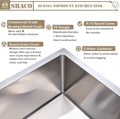 Image of SHACO 25 Inch Drop In Kitchen Sink, Top Mount 16 Gauge 304 Stainless Steel 25x22 Inch Single Bowl Sink, Brushed Nickel Drop In RV Laundry Utility Sink, Topmount Overmount Sinks with Drain