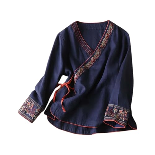 Damen Leinen Bohemian Spitze Tunika Hemd Boho Bauer Stickerei Floral Grafik Tops Frühling Hippie Rüschen Front Blusen für Senioren Western Loose...