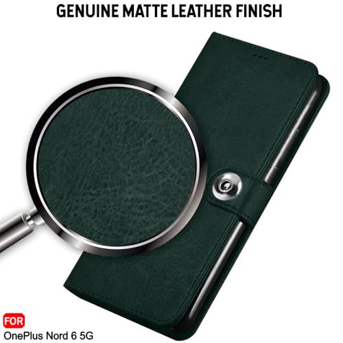 Image of TheGiftKart Genuine Leather Finish Flip Back Cover Case for OnePlus Nord 6 5G / CE 6 5G | Inbuilt Pockets & Stand | Wallet Style | Designer Button Magnet Flip Back Cover Case (Faux Leather, Green)