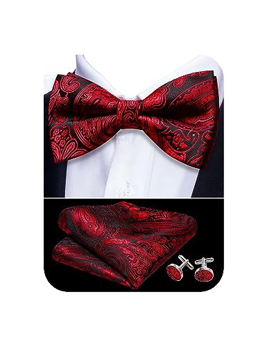 Image of Barry.Wang Paisley Striped Bow Tie for Men Silk Pre-Tied Bowtie Pocket Square Cufflinks Set Formal Wedding Party Prom