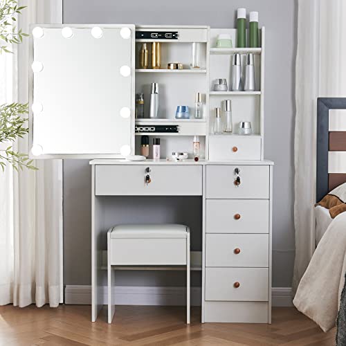 Vanity Desk with Mirror and Lights, Makeup Vanity Table with Cushioned Chair, 10 LED Bulbs, 3 Lighting Colors, Makeup Desk with 6 Drawer and Lots Storage Shelves,Dressing Table for Bedroom,Girls,Women