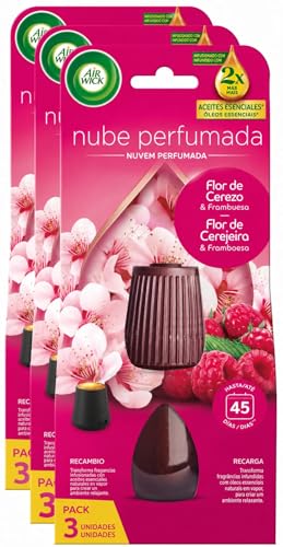 Air Wick Essential Mist - 3 recambios para ambientador difusor de aceites esenciales con aroma a flor de cerezo y frambuesa infusionado con 2 veces más aceites esenciales