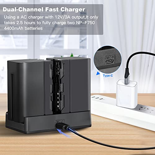 Soonpho Np-F750 Li-Ion Battery Fast Charger Set, Dual-Channel Fast Charger With 2-Pack 4400Mah Replacement Batteries Compatible For Sony Camcorder/Camera, Led Video Light And Field Monitor #TOP1
