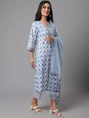 Image of Tee Projekt Women's Cotton Blend Kurta Set with Dupatta | Kurta Set for Women | Festive Kurta Set for Women | Regular Fit Kurta