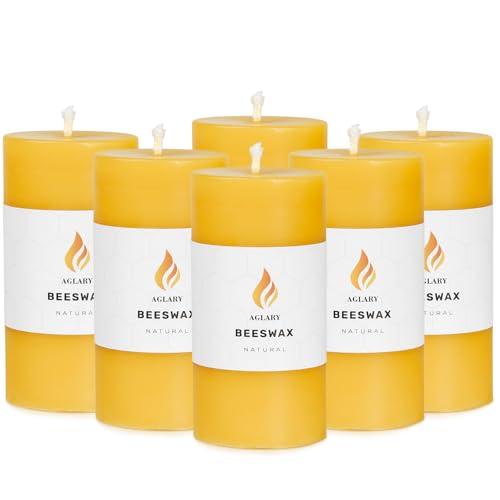 AGLARY 6PCS Beeswax Pillar Candles,Large Handmade Pure Beeswax Candle,Long Lasting Burn Timeï¼ŒUnscented Smokelessï¼Œ2 * 4\",28H, Raw