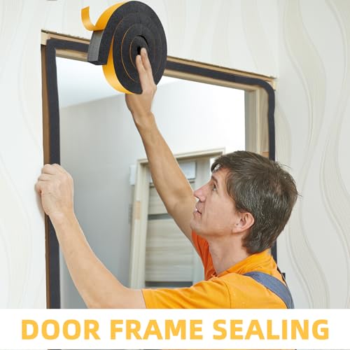 Image of 1 Rolls 1-1 /2 Inch W x 1-1 /2 Inch H Foam Weather Stripping with Adhesive 8 ft Foam Density Closed Cell Tape Seal for Uneven Gaps Doors Windows (Black)