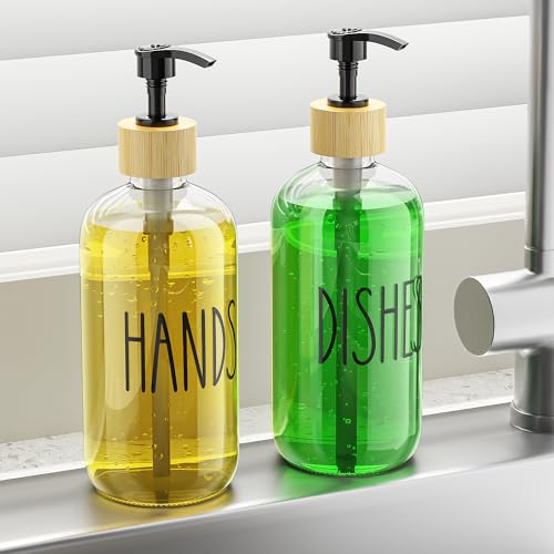 Image of Cisily Dish Soap Dispenser Set with 2 Pack 16.9oz Clear Glass Bottle, Dish Soap Dispensers, Vintage Hand and Dish Soap Dispensers Set