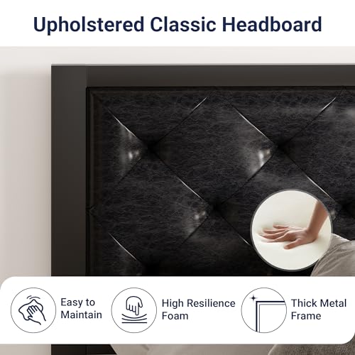 Image of Allewie Queen Bed Frame with Faux Leather Upholstered Headboard, Chic Diamond Stitched Tufted Design, No Box Spring Needed, Black
