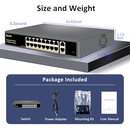 Image of 18-Port Full Gigabit Unmanaged PoE Switch with 16 PoE+ Ports @250W, 2 Uplink Ports-IEEE802.3af /at Compliant, 6KV Lighting Protection, VLAN Mode, Fanless & Metal Plug & Play