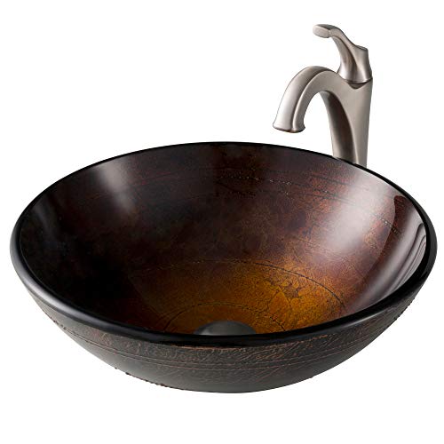Kraus 16 1/2-Inch Copper Brown Bathroom Vessel Sink And Spot Free Arlo™ Faucet Combo Set With Pop-Up Drain, Stainless Brushed Nickel Finish #TOP7