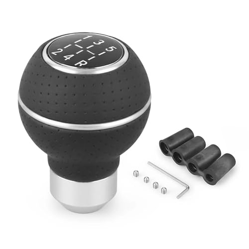 Juttzzei Schaltknauf 5 Gang Universal Schaltknüppel Verbessert Leder Auto Schalthebel mit 4 Adaptern 8mm 10mm 11mm 12mm für Manueller Autos mit 5 Gang Schaltgetriebe - Silber