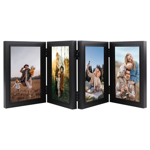 DXiongW Marco Multiple para 4 Fotos 10x15 cm Plegable Marco de Fotos de Colllage Portarretratos Vertical en MDF Negro Oficina Familia Decoración de Escritorio Regalo de la Boda Amigo Cumpleaños