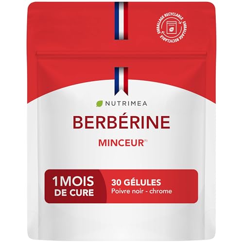 BERBERINE – Issue de Berberis Aristata – Berbérine HCL Concentrée à 97% – Poivre Noir & Chrome – Régule le Taux de Sucre et les Lipides Sanguins – 1 Mois – 30 Gélules Vegan – Nutrimea