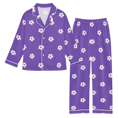 JULYTO Purple with Soccer Balls Pajama Set Button-up Silky Satin Pajama Long Sleeves 2 Piece PJS Nightwear Loungewear Set for 7-8Y