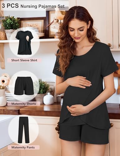 Image of Ekouaer 3 PCS Maternity Nursing Pajamas Set Postpartum Breastfeeding Short Sleeve Shirts, Pregnancy Shorts & Pants Pjs S-XXL