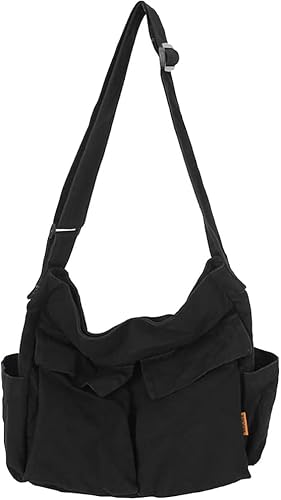 Bolso bandolera de lona grande con múltiples bolsillos, bolsa de hombro casual para mujeres y hombres