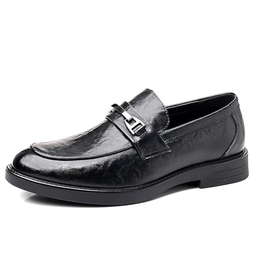 Men's Leather Slip On Loafers with Decorative Buckle Business Formal Round Toe Comfortable Block Heel Platform Dress Shoes for Work Wedding Office Penny Loafers