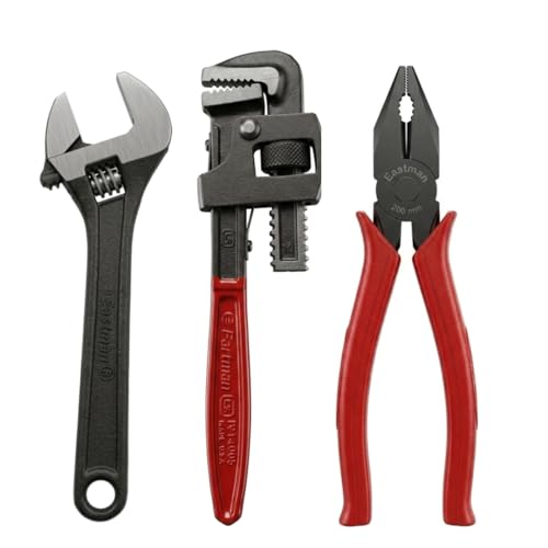 Image of Eastman Tool Kit Set | Combo Pack of 3 | Adjustable Wrenches 1Pcs 8 /200 Mm, Combination Plier 1Pcs 8 /200 Mm, Pipe Wrenches 1Pcs 10 /250Mm (Set of 3 pcs Tool kit 2051-8 2020-8 2048-10)
