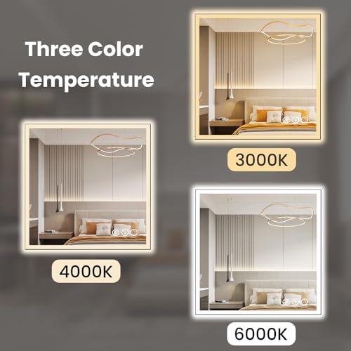 Image of WTTY 36 inchX36 inch LED Bathroom Mirror with Black Frame, Bathroom Vanity Mirror with Lights for Wall, Front Light and Backlit, Anti-Fog, Dimmable, 3 Colors, Shatterproof, Memory, Horizontal /Vertical