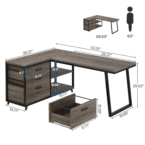 Image of Tribesigns L-Shaped Desk with 3 Drawers, Reversible Corner Home Office Computer Desk with Shelves, 53-Inch Industrial PC Desk Study Writing Table Workstation for Small Space, Grey