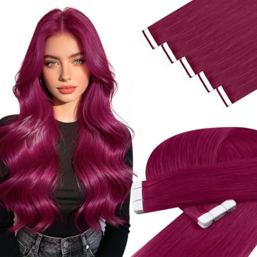 Image of YoungSee Tape in Hair Extensions Human Hair Colored, 24 Inch Tape Hair Extensions Real Human Hair, Magenta Tape Extension Human Hair, for Long Hair, 10pcs 25g
