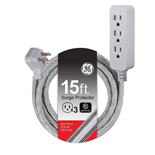 GE Pro 3 Outlet Surge Protector Power Strip, 15 Ft Designer Braided Extension Cord, Flat Plug, Wall Mount, Heather Gray, 45915 - image 1
