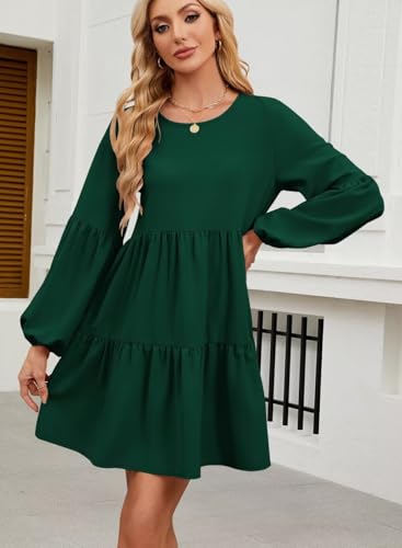 Image of QACOHU Falll Dresses for Women 2026 Crew Neck Long Lantern Sleeve Casual Loose Flowy Swing Shift Dress