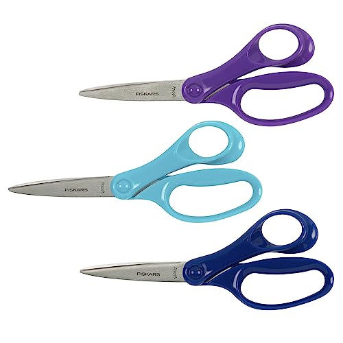 Fiskars 7 Student Scissors for Kids Ages 12-14 (3-Pack) Scissors for School or Crafting Back to School Supplies Purple Blue and Turquoise