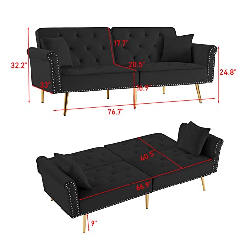 Ouyessir Velvet Futon Sofa Bed With Two Pillows And Nailhead Trim, Modern Convertible Sleeper Couch With 3 Angles Adjustable Back And Golden Metal Legs For Living Room And Bedroom, 76Inches (Black) #TOP1