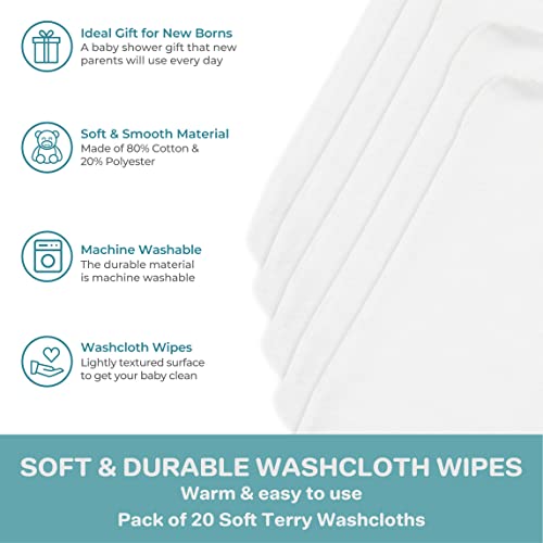 Image of Spasilk Washcloth Wipes Set for Newborn Boys and Girls, Soft Terry Washcloth Set, Pack of 20, White
