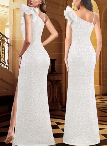 Image of VFSHOW Womens Ruffle One Shoulder Strap Ruched Formal Prom Wedding Maxi Dress V Neck Elegant Split Cocktail Evening Long Gown