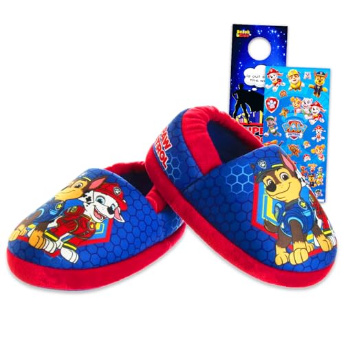 Paw Patrol Slippers for Boys 18-24 Months - Bundle with Red Plush Snuggle Toe Footlet Socks with Grips Plus Stickers More | Paw Patrol Slippers for Boys Size 5/6