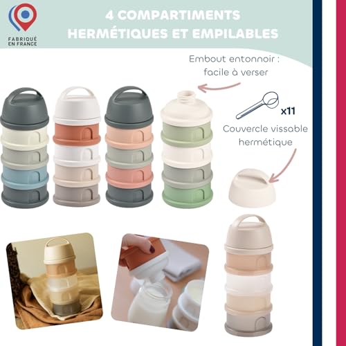 Image of Beaba Formula Container with 4 Stackable and Interchangeable Compartments, Milk Dispenser, 100% Airtight, Large Capacity, Funnel Tip for Pouring Powder with Precision, Evolutive use, Clay