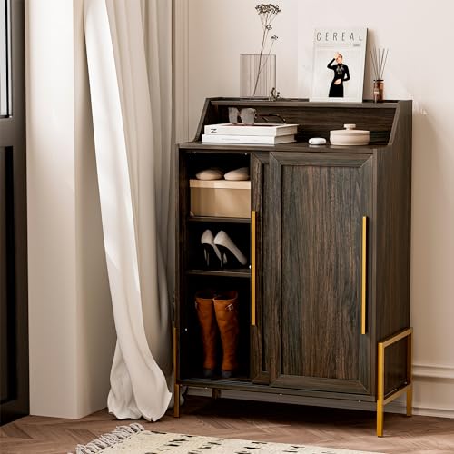 BELLEZE Free Standing Shoe Rack, Storage Cabinet with Sliding Door, Compact Shoe Organizer with Storage Tabletop Cubby for Hallway, Sideboard Cabinet