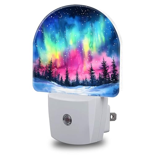 Image of Night Light, Northern Lights in Winter Forest Sky Night Lights Plug into Wall Dusk to Dawn Sensor Round Nightlight for Women Men Energy Efficient Led Lamp 0.5W for Stairway Hallway Bedroom