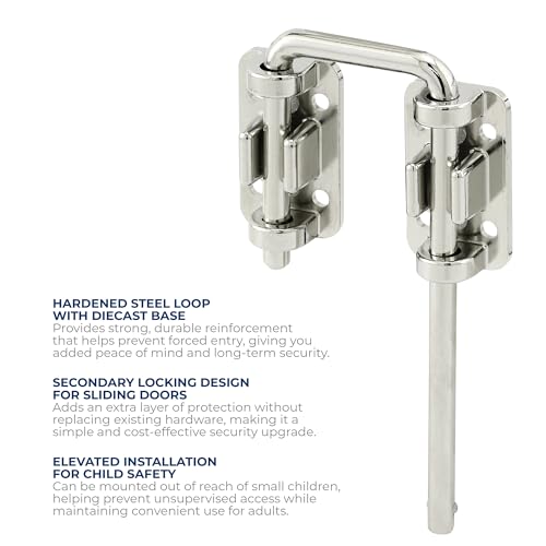 Image of Prime-Line U 9847 Patio Sliding Door Loop Lock - Increase Home Security, Install Additional Child-Safe Security, 2-1 /8 In. Hardened Steel Bar with Diecast Base, Chrome Plated (Single Pack)