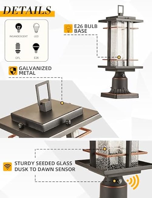 Post Lights Outdoor Dusk to Dawn Pillar Light Fixture with Seeded Glass Waterproof Exterior Lamp Post Lantern Hard-Wired Pole Mount Light Outside with 3-Inch Pier Mount Adapter