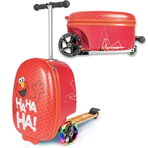 Travel Totes Barrio Sésamo   Maleta para patinete para niños – Equipaje de mano ligero rígido con patinete plegable y ruedas LED, Rojo, Medio, Elmo
