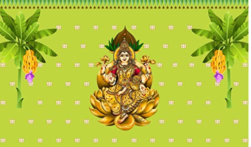 Image of Traditional Varamahalakshmi Backdrop Cloth for Festival Decoration /Varamahalakshmi Pooja /Lakshmi Devi in Golden Lotus Background Curtain Size 5Feet Height and 8Feet Width(5 * 8)