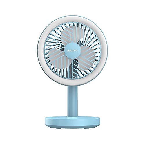 Sulypo Mini ventilador con luz LED, ajustable, recargable por USB, para casa, oficina, viaje, camping, exterior, interior (cian claro) Cover
