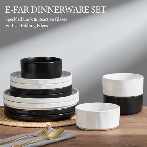 Image of E-far 12-Piece Plates and Bowls Sets, Stoneware Dinnerware Dishes Sets for 4, Chip & Scratch Resistant Ribbed Dish Set for Home Restaurant, Microwave & Dishwasher Safe Speckled White & Matte Black