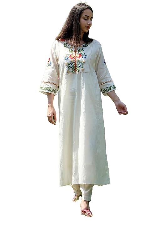 Women Cotton Flex Embroidery Gown Set & Summer Suit with Pant (M) Off White-picture-26